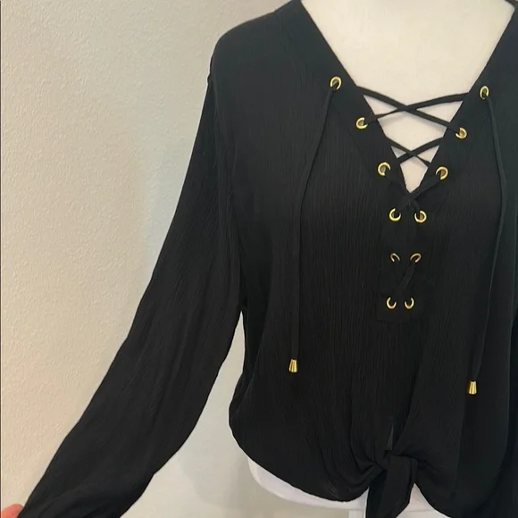 INC International Concepts Black Lace-Up Blouse - Picture 3 of 8
